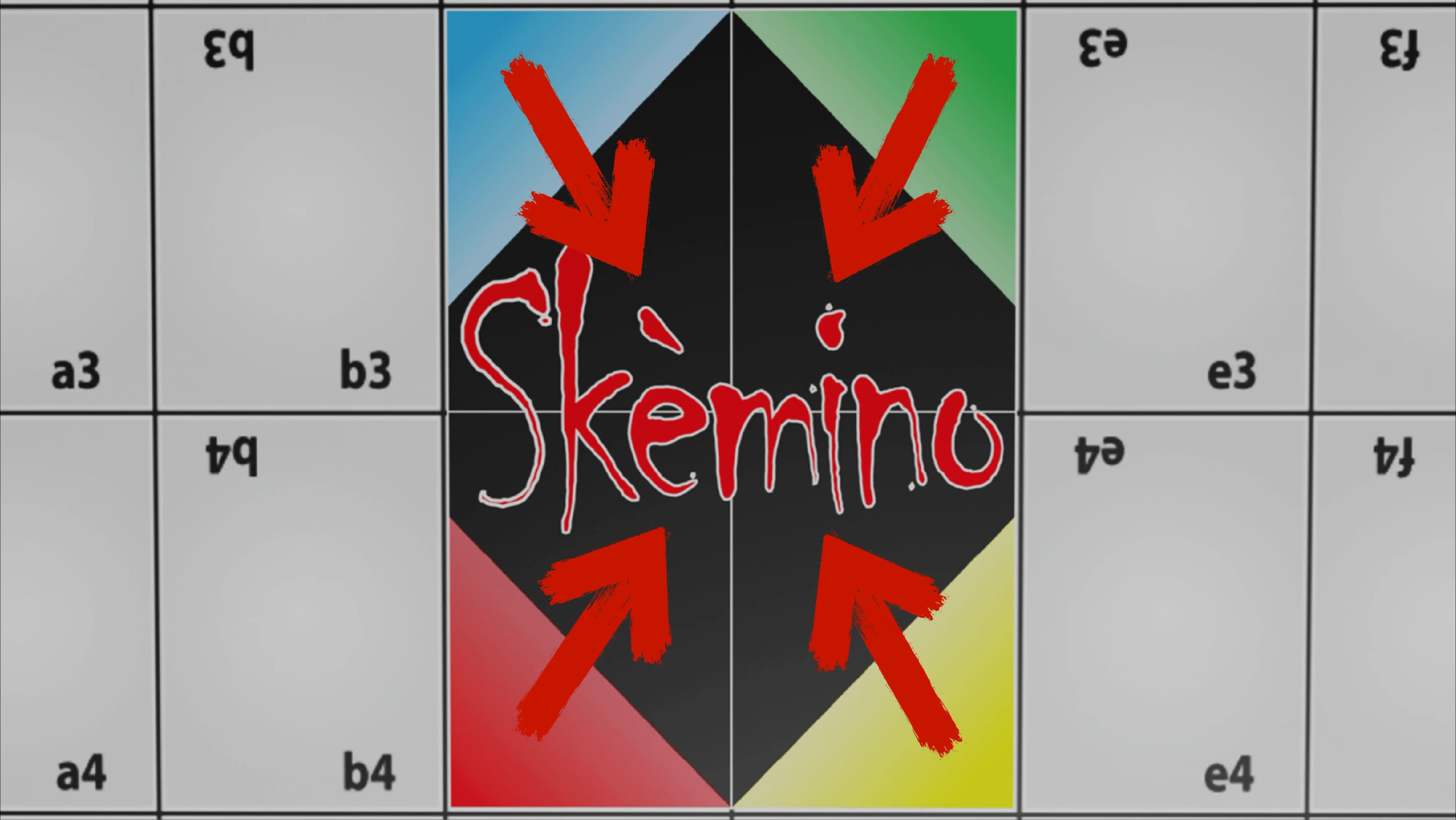 Le quattro caselle centrali del tabellone di Skèmino indicate da frecce rosse