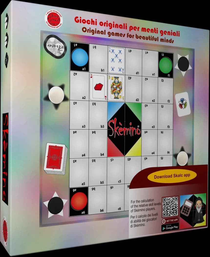 La scatola di Skèmino con il tabellone e le chaincard